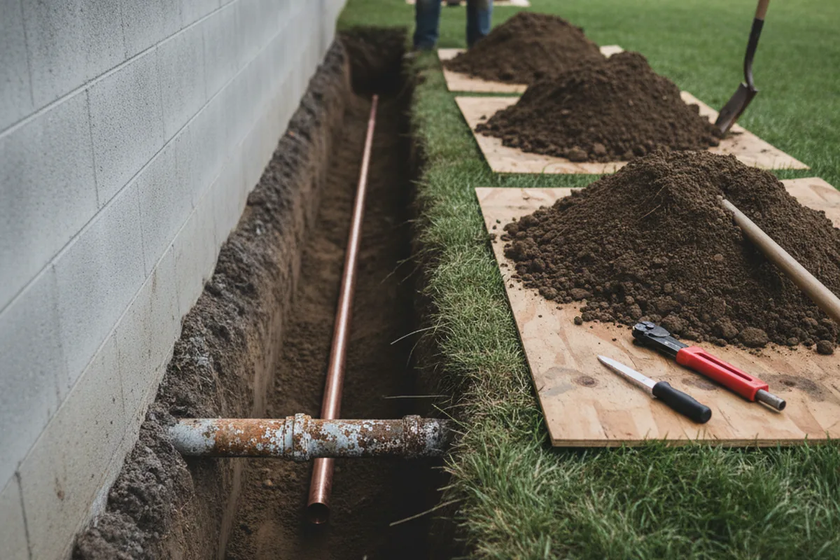 Excavated water line trench during Sewer Line Repair in Jericho